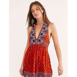 Free People Charlotte Printed Sleeveless V Neck Tunic Top Red Blue XS